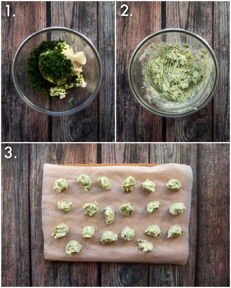 3 step by step photos showing how to freeze garlic butter
