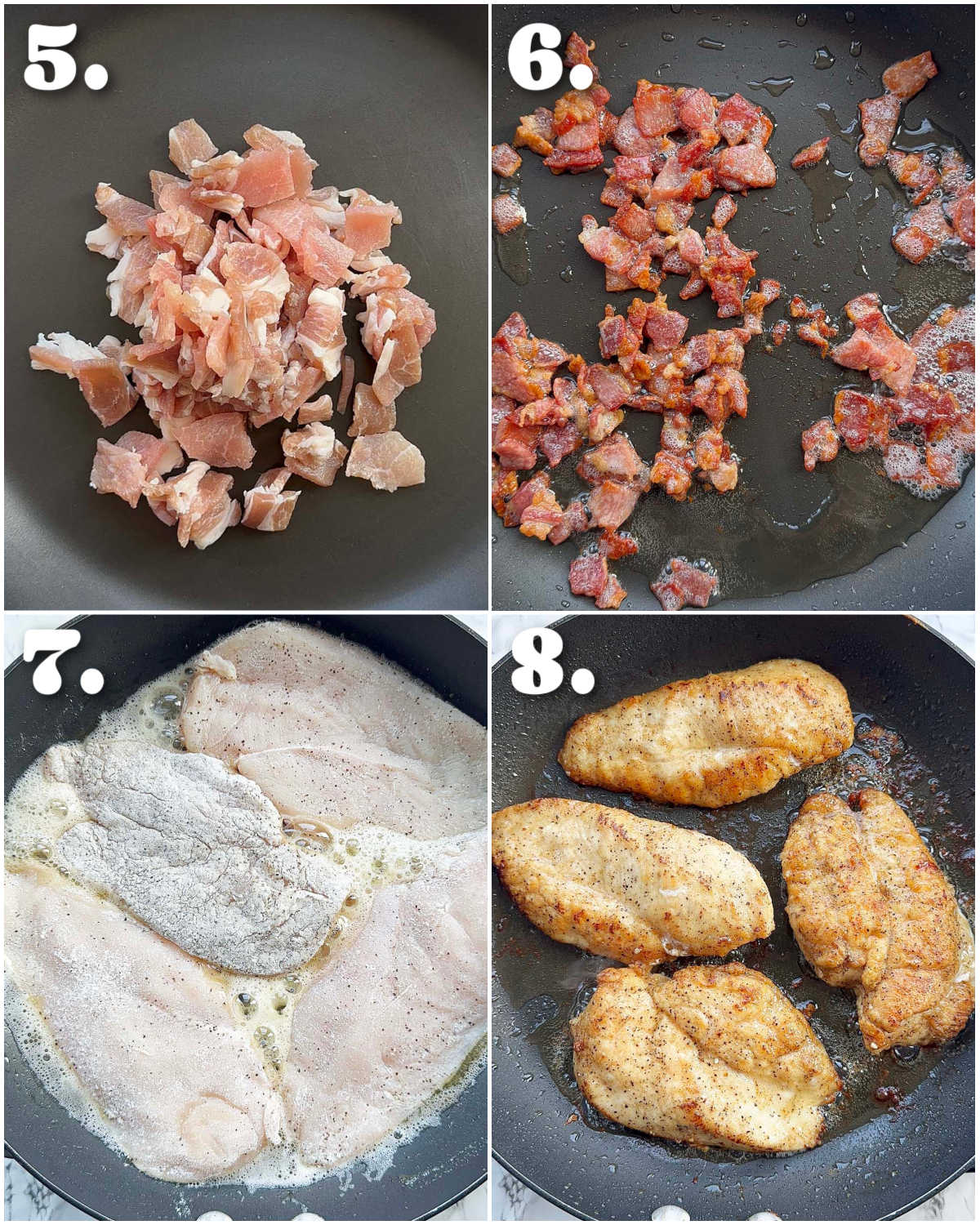 4 step by step photos showing how to fry chicken and bacon