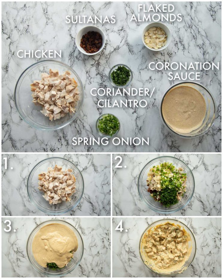 5 step by step photos showing how to make coronation chicken
