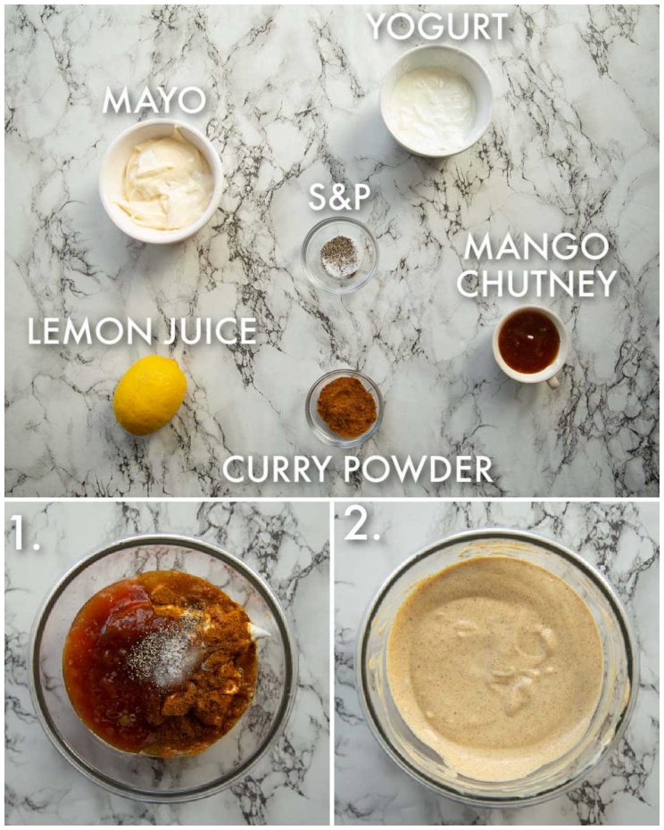 3 step by step photos showing how to make coronation chicken sauce