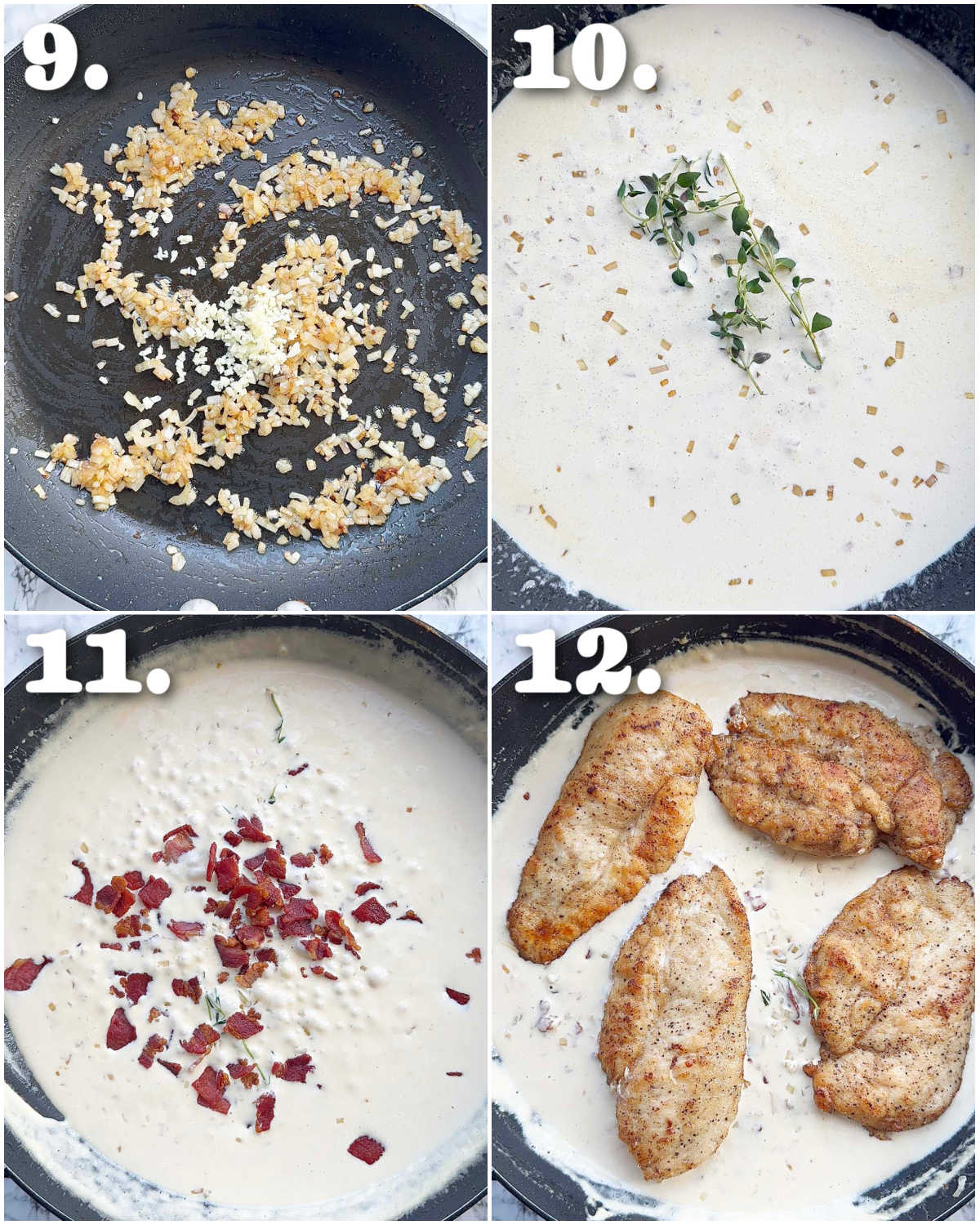 4 step by step photos showing how to make creamy bacon and chicken