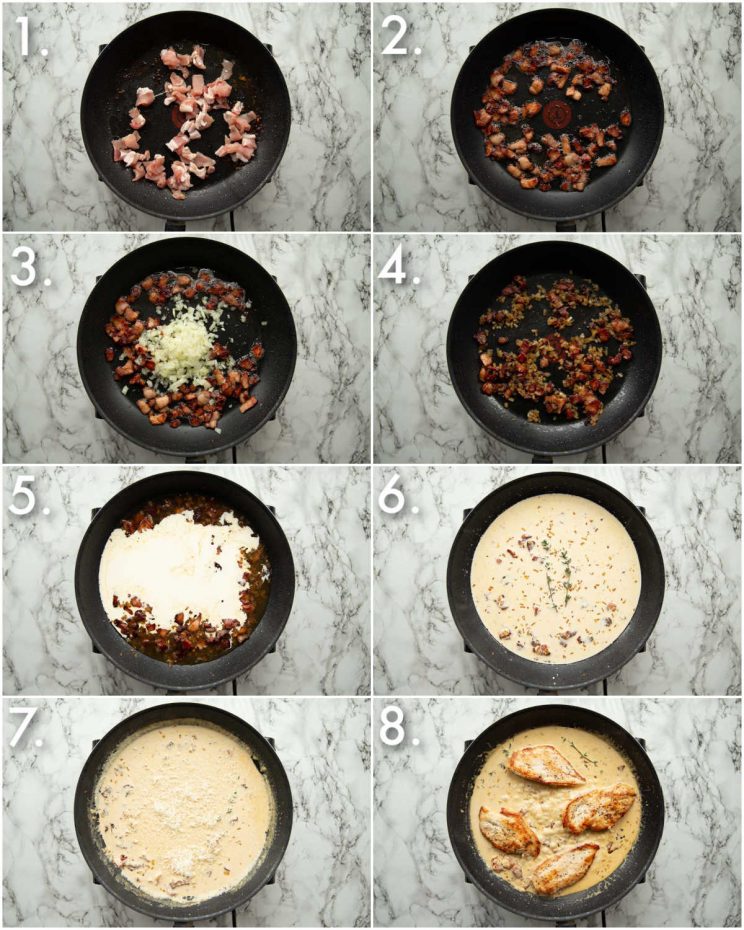 8 step by step photos showing how to make creamy bacon chicken