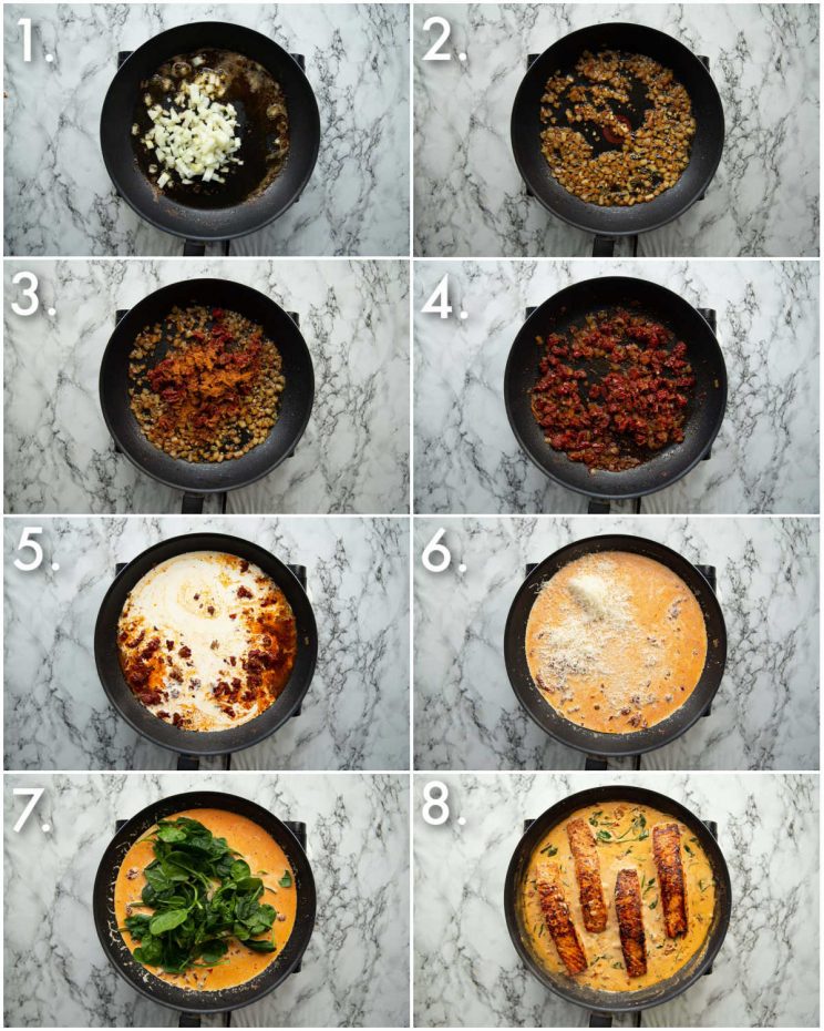 8 step by step photos showing how to make creamy cajun salmon