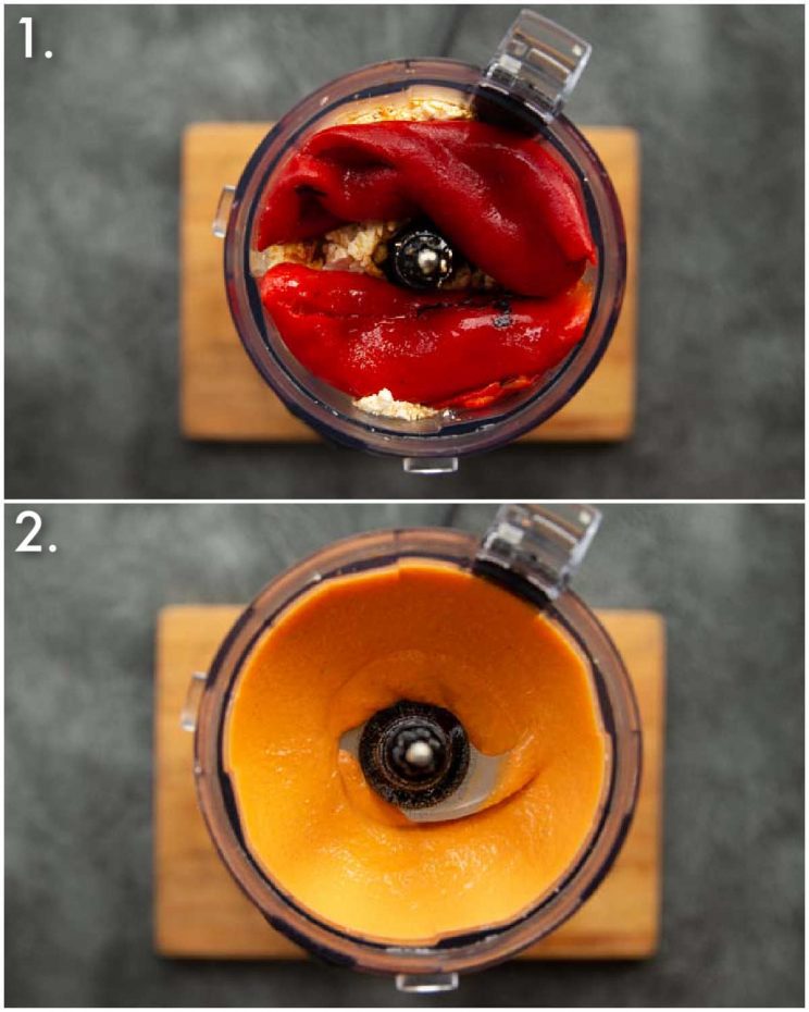 2 step by step photos showing how to make feta roasted red pepper dip