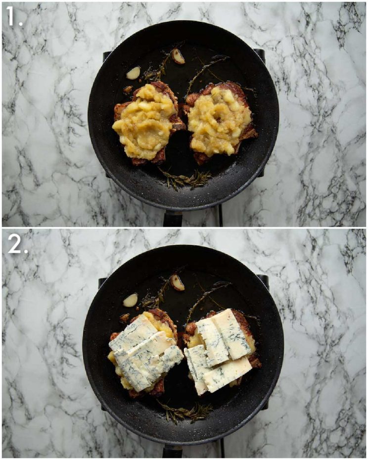 2 step by step photos showing how to make pork chops and apple sauce