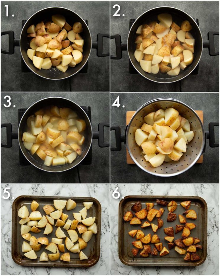 6 step by step photos showing how to make salt and vinegar potatoes