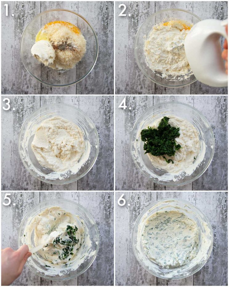 6 step by step photos showing how to make spinach and ricotta