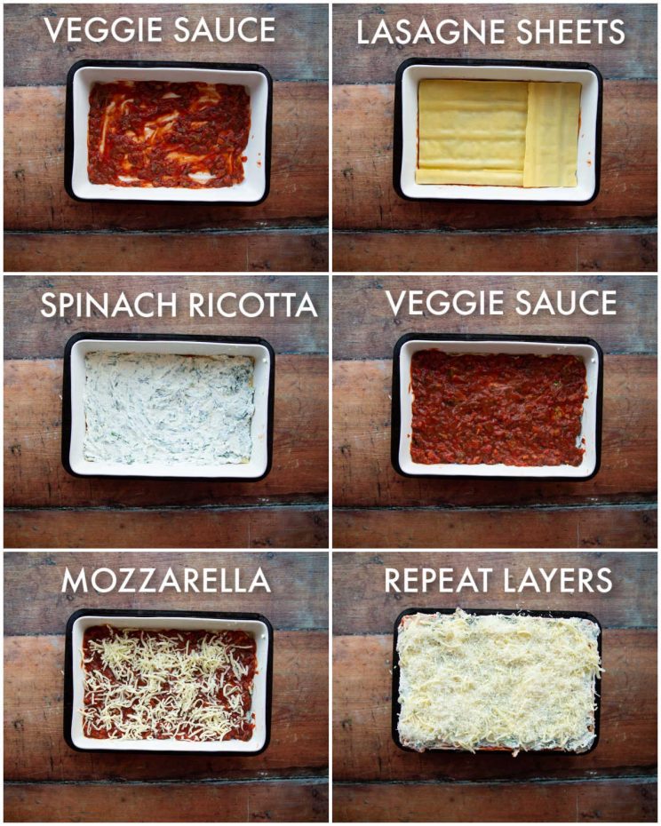 6 step by step photos showing how to make vegetable lasagne