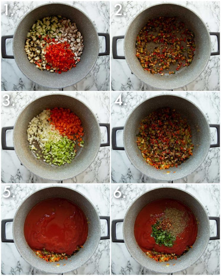 6 step by step photos showing how to make vegetable pasta sauce