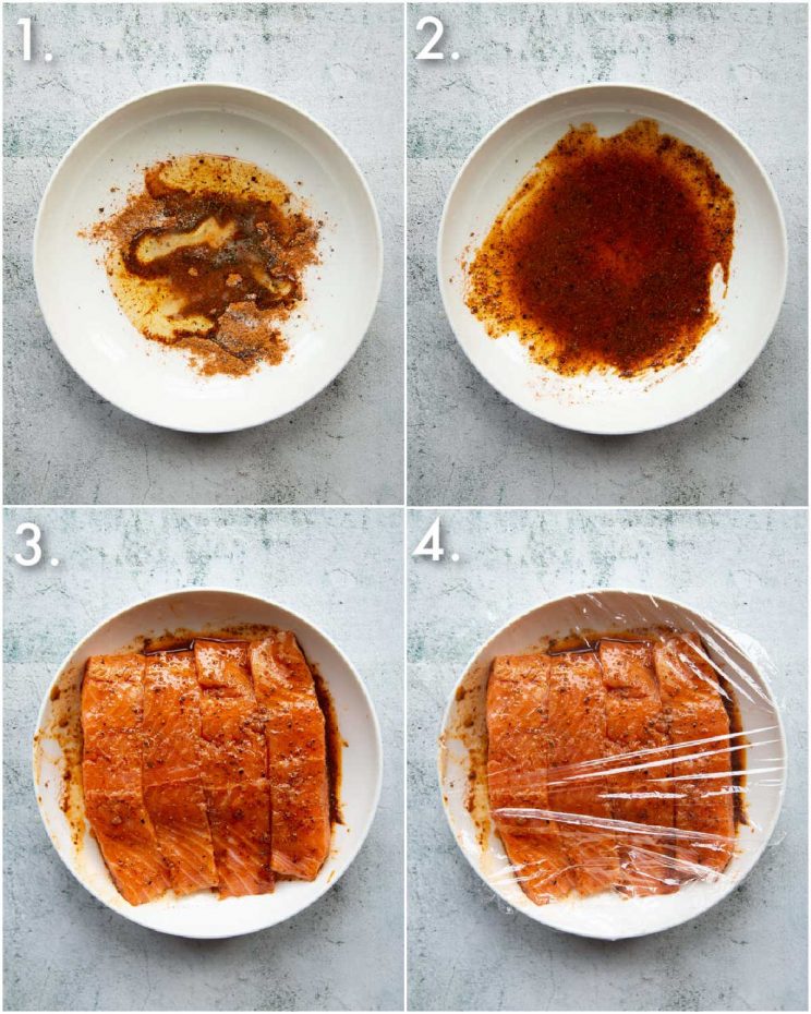 4 step by step photos showing how to marinate cajun salmon