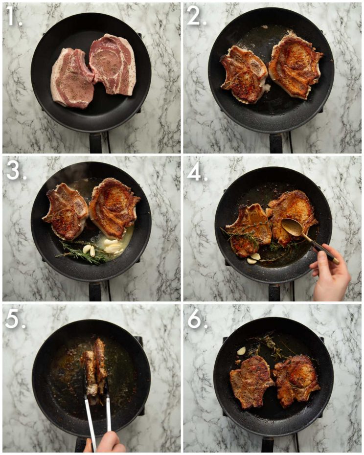 6 step by step photos showing how to pan fry pork chops