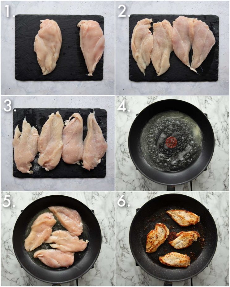 6 step by step photos showing how to prepare chicken breasts