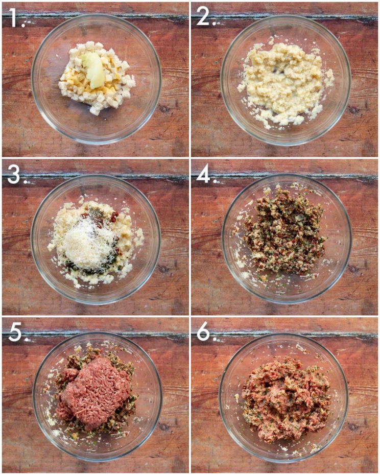 6 step by step photos showing how to prepare meatballs