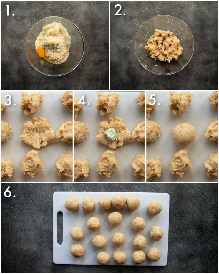 6 step by step photos showing how to prepare mini chicken kievs