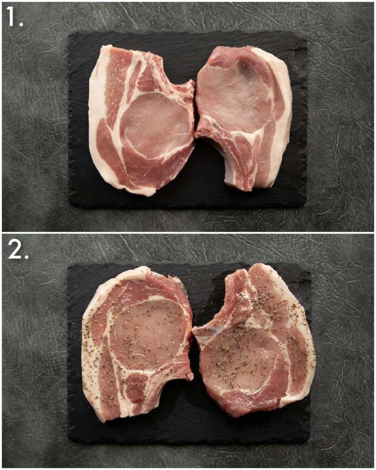 2 step by step photos showing how to prepare pork chops