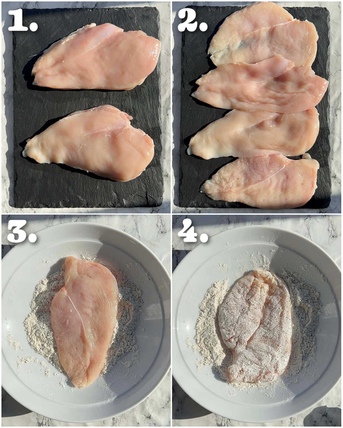 4 step by step photos showing how to slice chicken breast