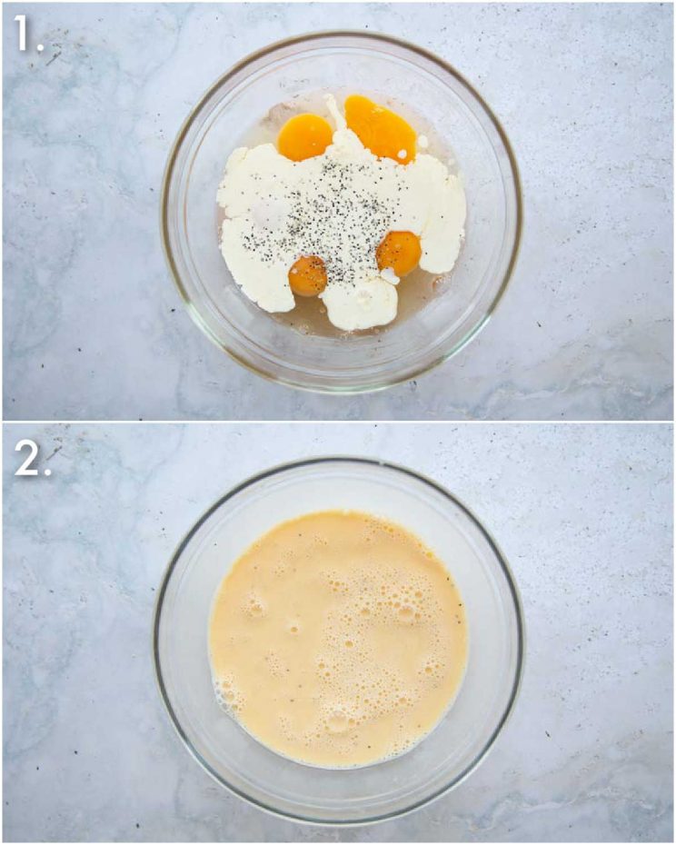 2 step by step photos showing how to whisk eggs for frittata