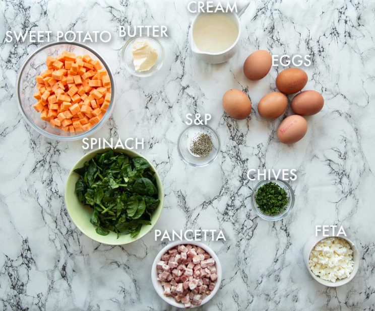 overhead shot of sweet potato frittata ingredients with labels