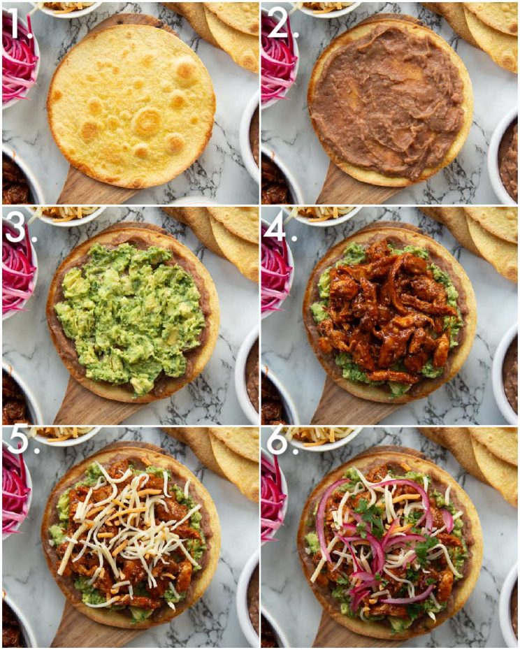 6 step by step photos showing chicken tostada toppings