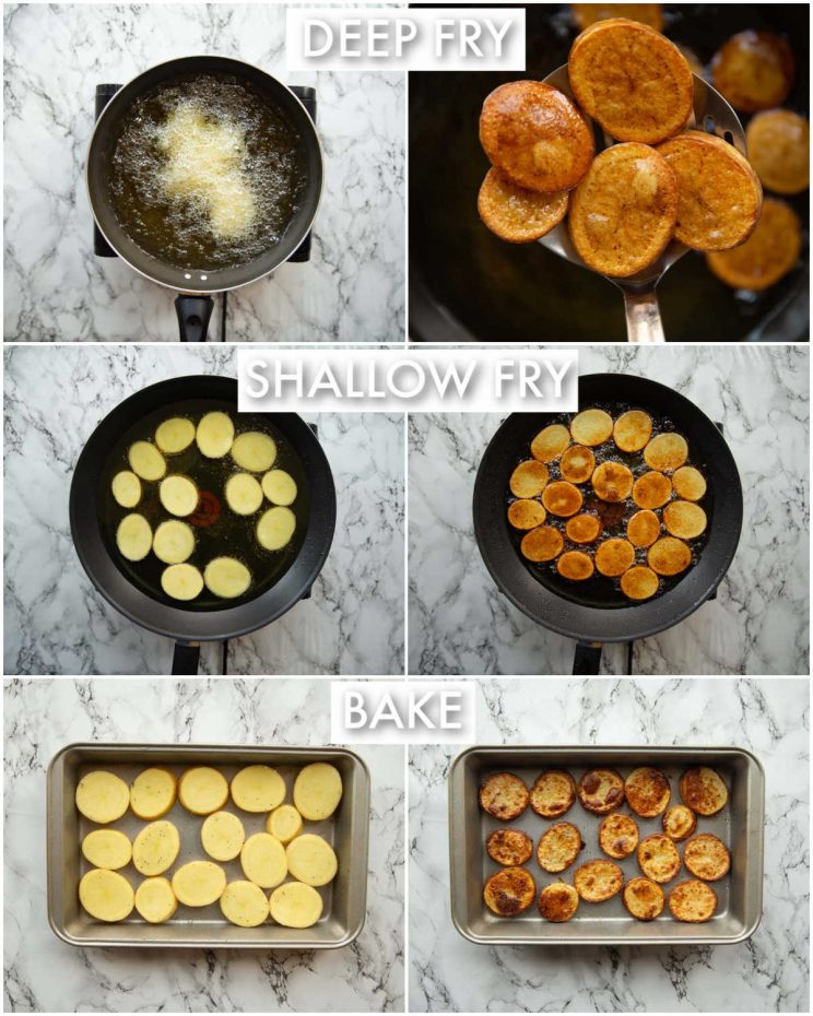 6 step by step photos showing how to cook potatoes for nachos