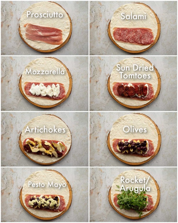 8 step by step photos showing how to make antipasto wraps