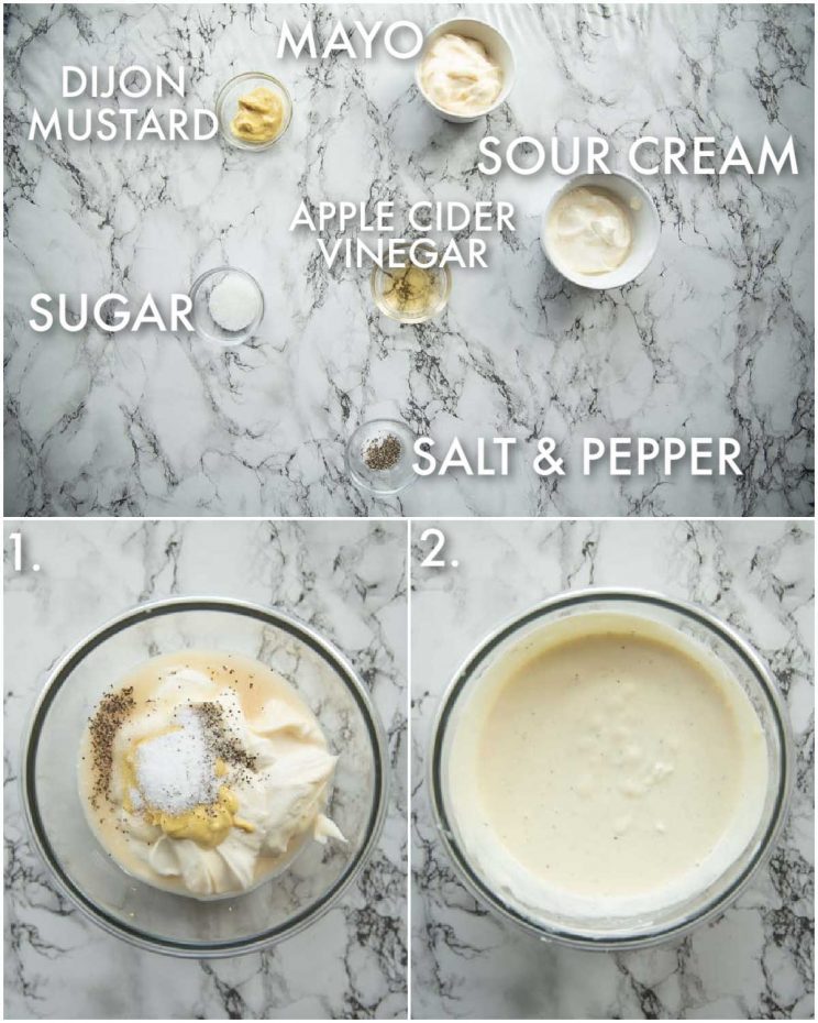 3 step by step photos showing how to make apple slaw dressing