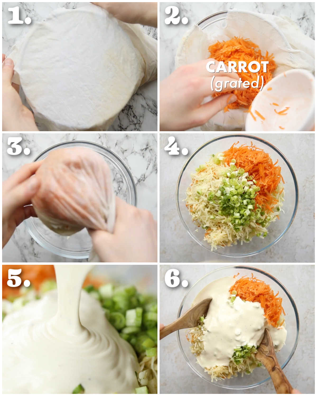 6 step by step photos showing how to make apple slaw