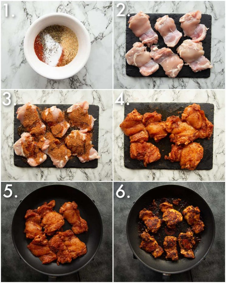 6 step by step photos showing how to make chicken for tostadas