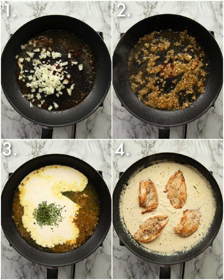 4 step by step photos showing how to make creamy tarragon sauce for chicken