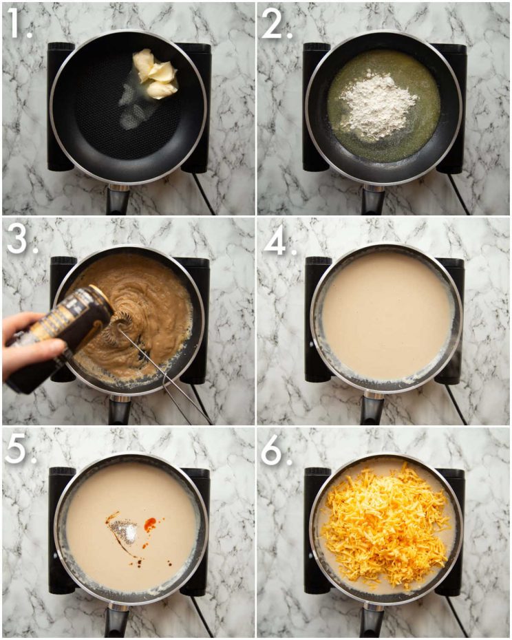 6 step by step photos showing how to make Guinness cheese sauce