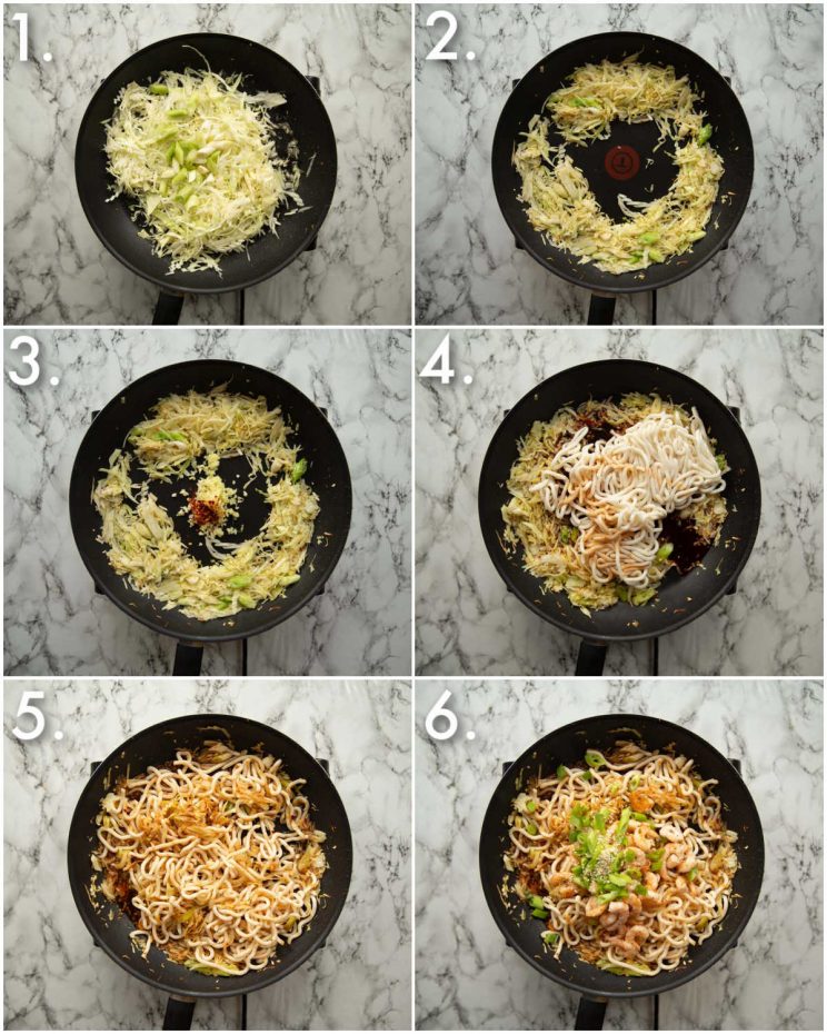 6 step by step photos showing how to make spicy prawn noodles