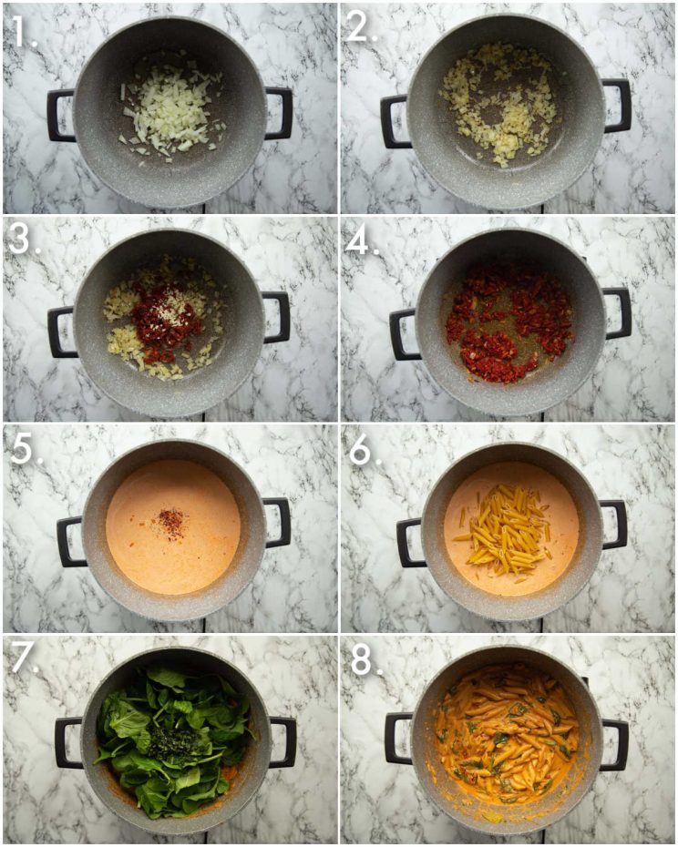 8 step by step photos showing how to make tomato spinach pasta