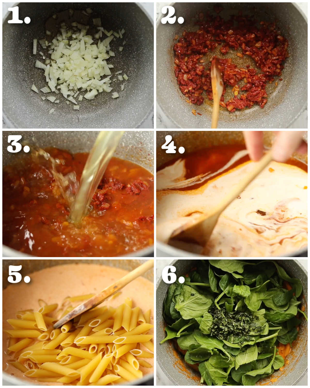 6 step by step photos showing how to make tomato spinach pasta