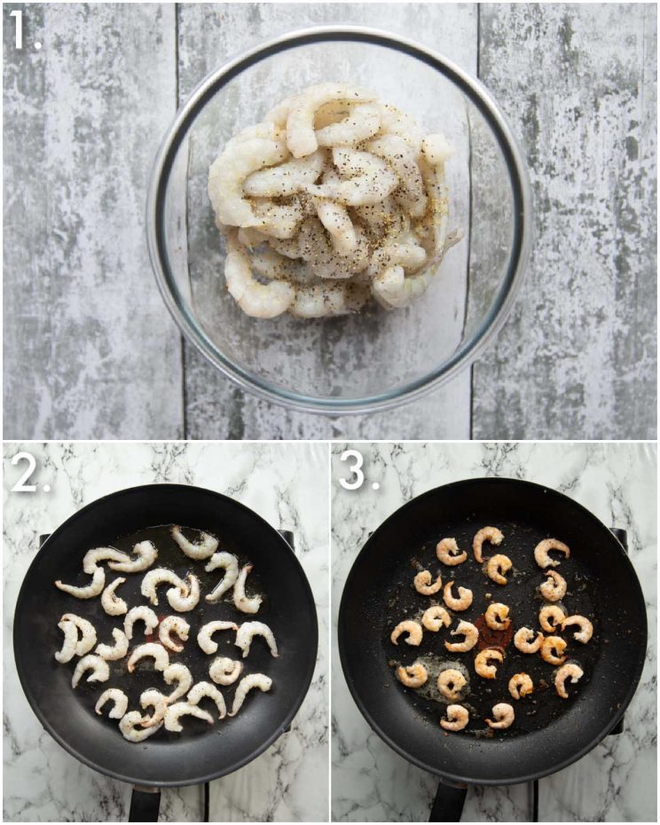 3 step by step photos showing how to pan fry prawns