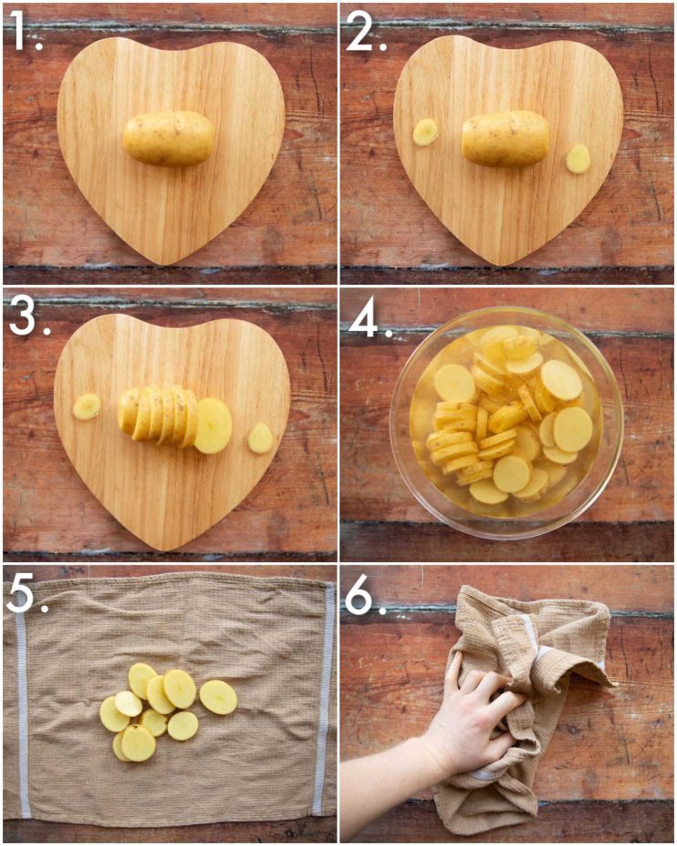 6 step by step photos showing how to prepare potato nachos