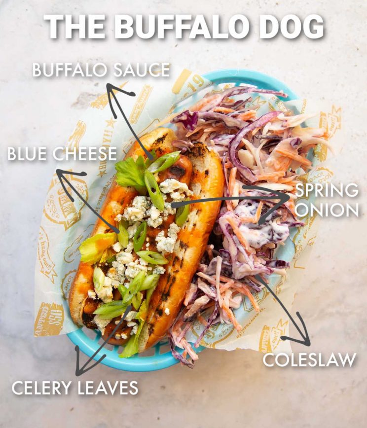 overhead shot of buffalo hot dog with labelled ingredients