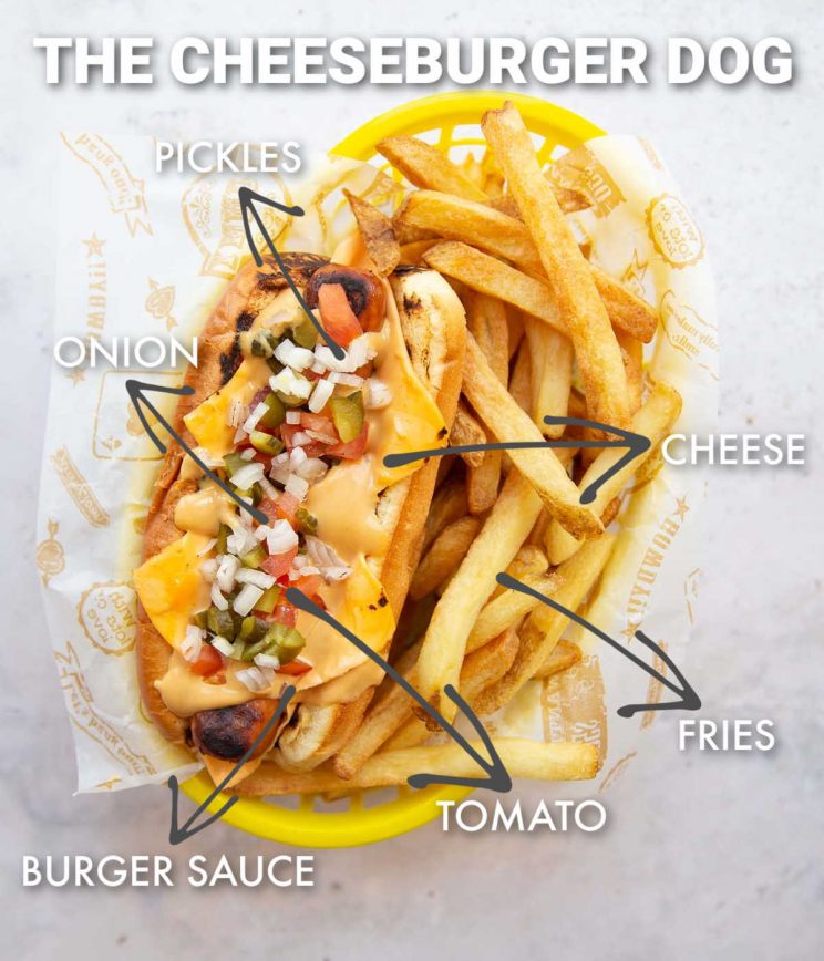overhead shot of cheeseburger hot dog with labelled ingredients