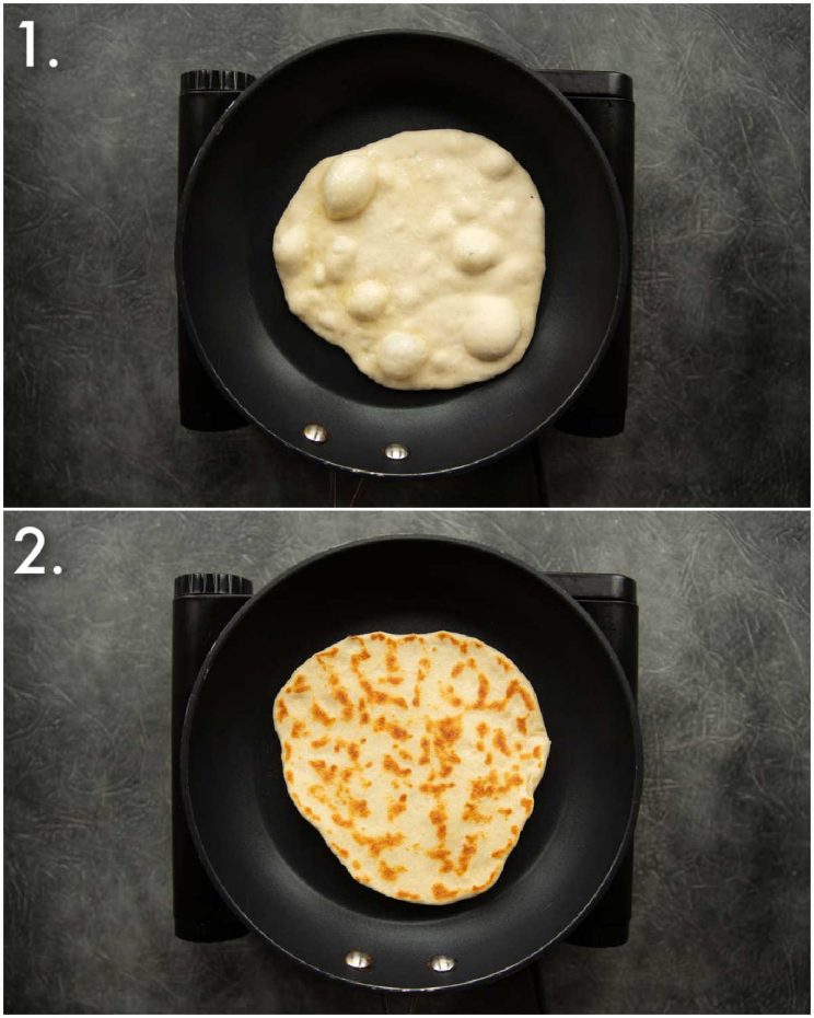 2 step by step photos showing how to fry flatbreads