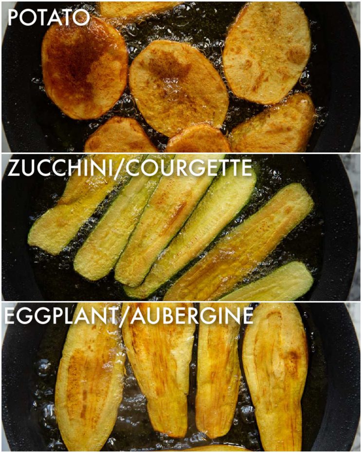 3 step by step photos showing how to fry vegetables for moussaka