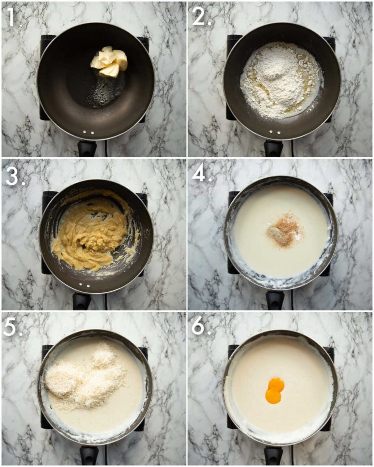 6 step by step photos showing how to make bechamel sauce for moussaka