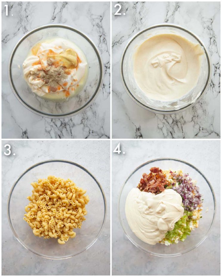 4 step by step photos showing how to make deviled egg pasta salad