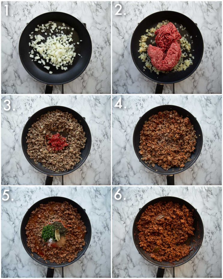 6 step by step photos showing how to make meat sauce for moussaka