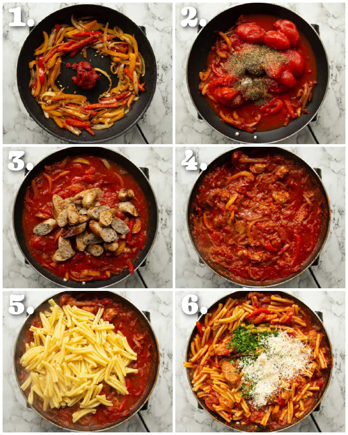 6 step by step photos showing how to make sausage and peppers pasta
