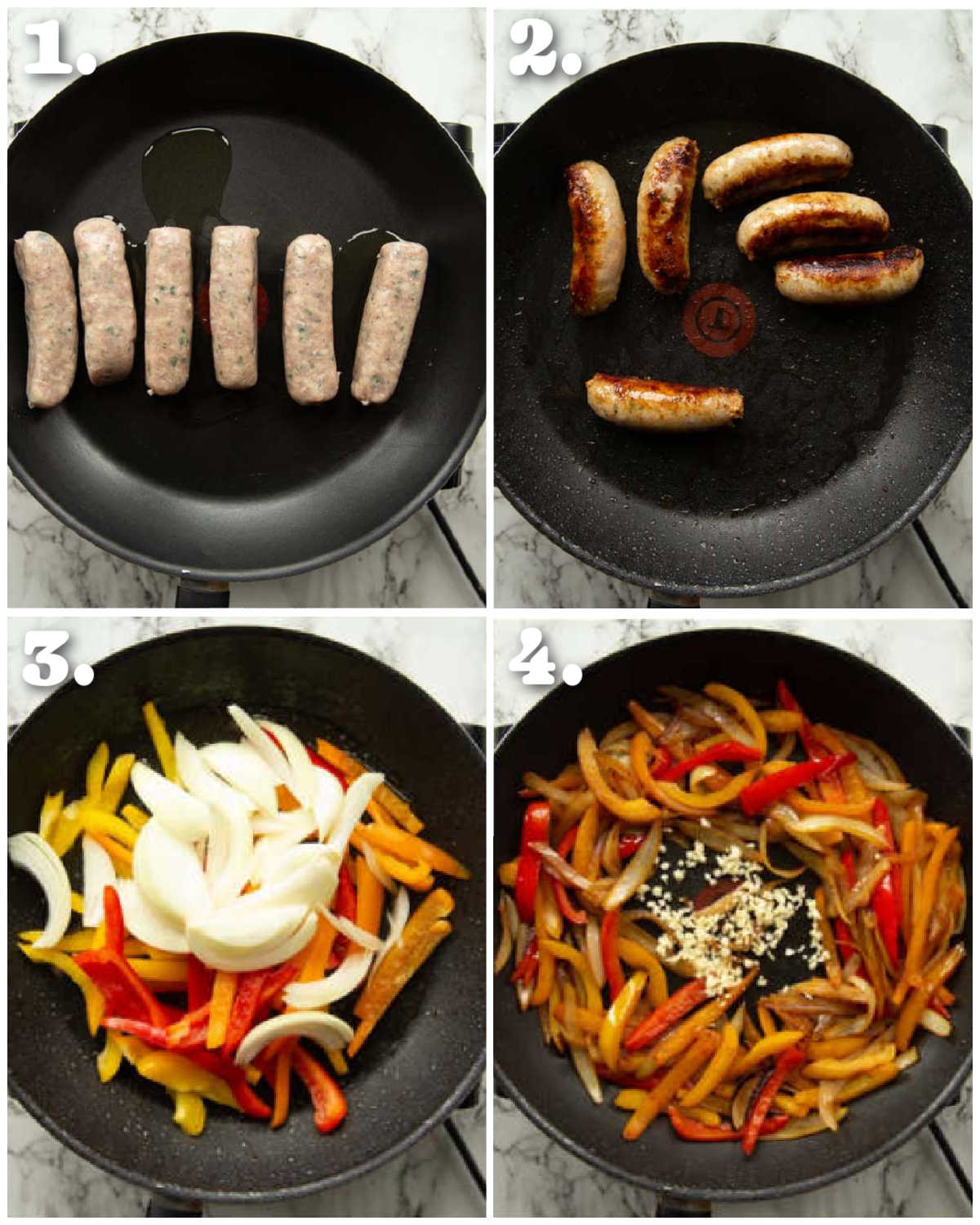 4 step by step photos showing how to make sausage and peppers