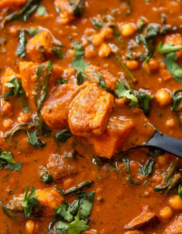 close up shot of black serving spoon digging into skillet of curry