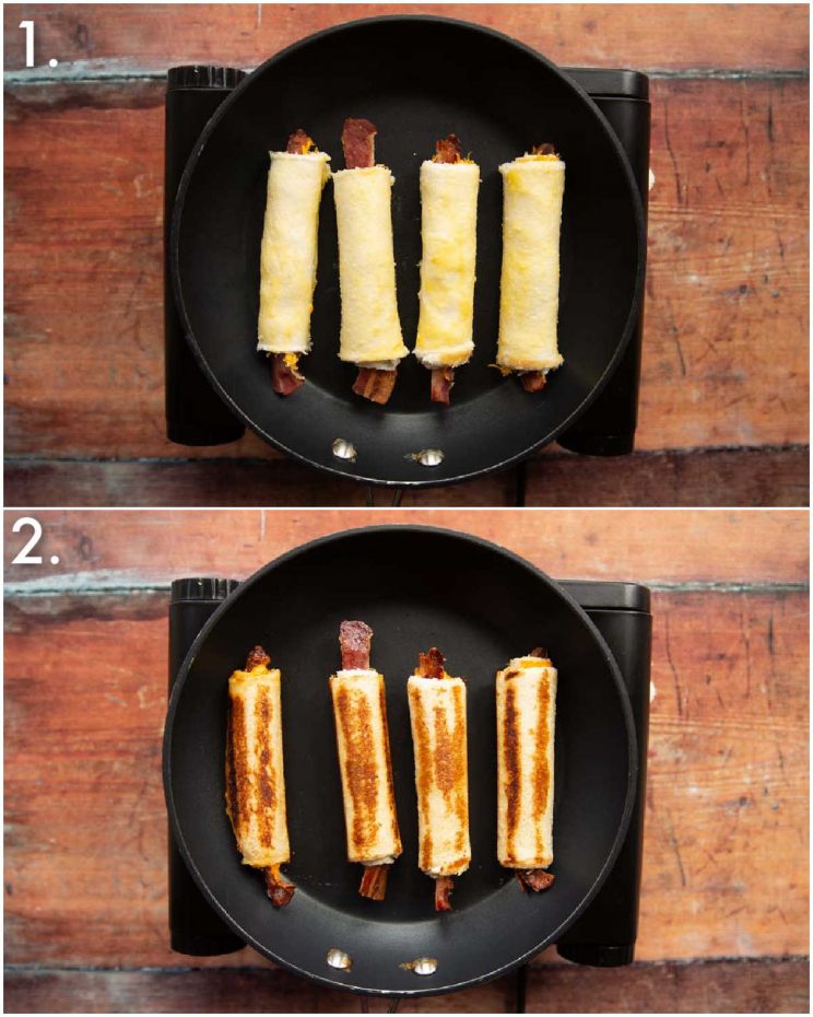 2 step by step photos showing how to cook grilled cheese roll ups