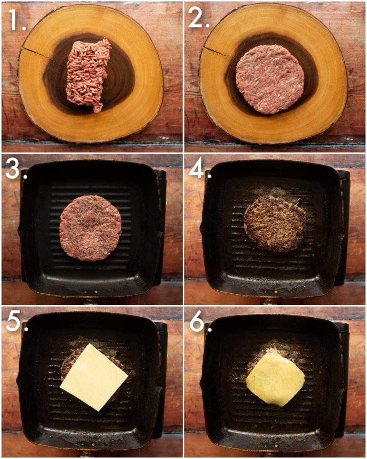 6 step by step photos showing how to make a cheeseburger patty