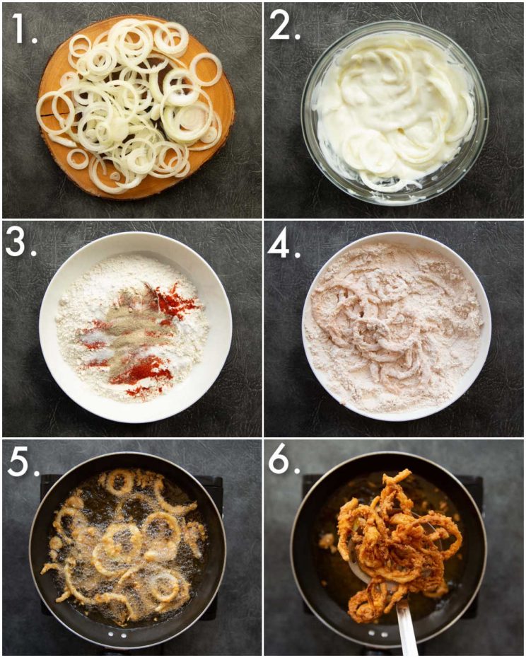 6 step by step photos showing how to make crispy fried onions