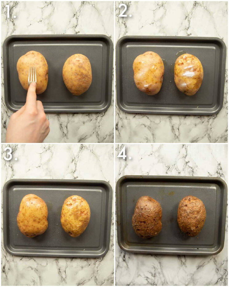 4 step by step photos showing how to bake a potato