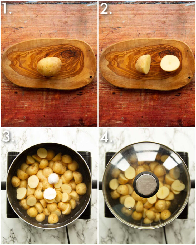 4 step by step photos showing how to boil baby potatoes